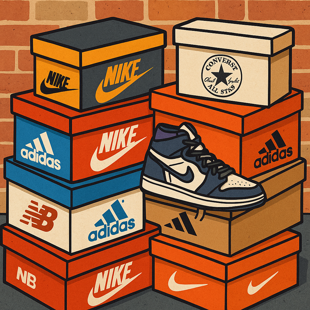 Gestapelde schoenendozen met logo's van Nike, Adidas, New Balance en Converse en een sneaker ervoor