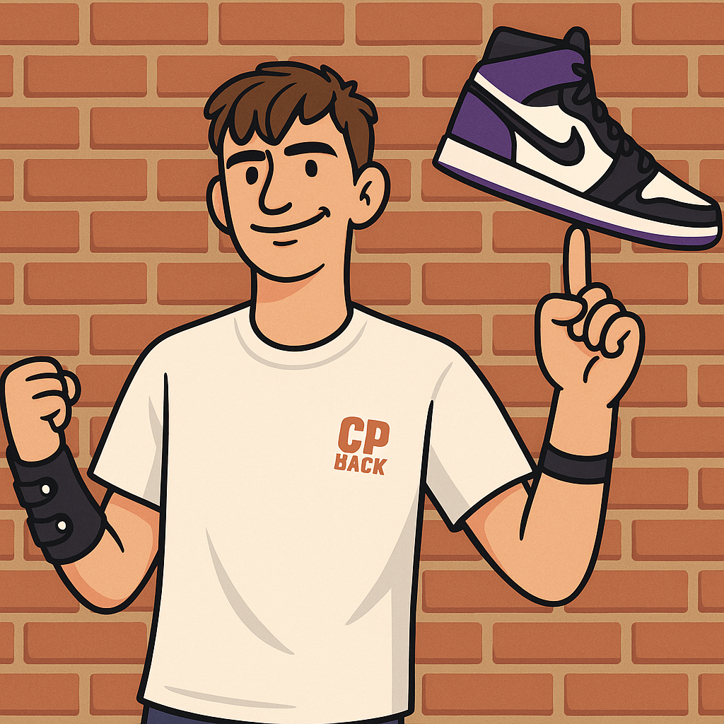 Geïllustreerde man houdt een sneaker op zijn vinger voor een bakstenen muur